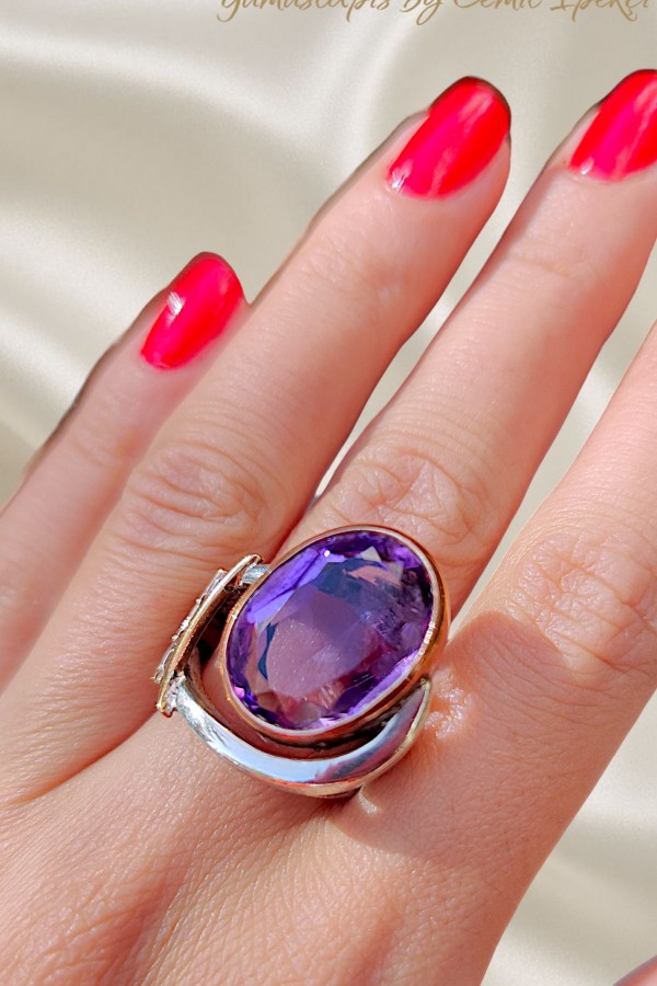 Ametist Taşlı Gümüş Tasarım Yüzük 