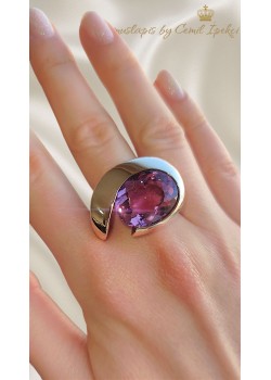 Ametist Taşlı Göz Motif Gümüş Tasarım Yüzük 