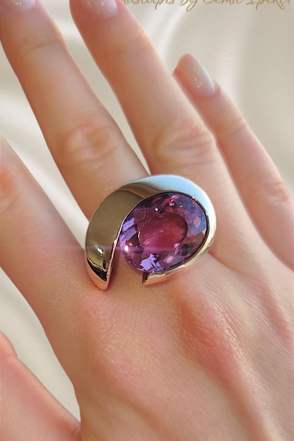 Ametist Taşlı Göz Motif Gümüş Tasarım Yüzük 