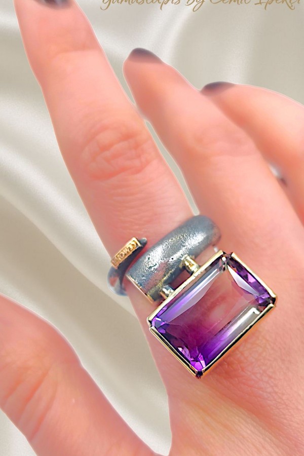 Ametrin Taşlı Gümüş Tasarım Yüzük