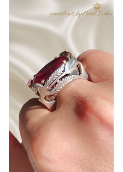 Rubilitte Taşlı Lale Motif Gümüş Tasarım Yüzük 