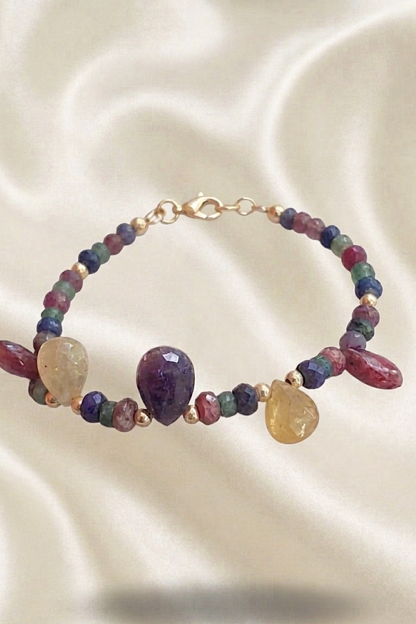 Renkli Doğal Taşlarla Süslü Gümüş Bileklik (sarı)