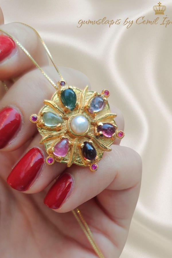 Turmalin ve İncili Çiçek Motif Gümüş Kolye 