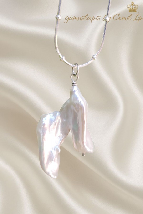 Asimetrik Model İncili Gümüş Kolye 