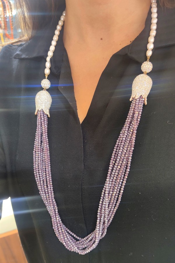 Renkli Swarovski Taşlarla Süslü Çelik Kolye