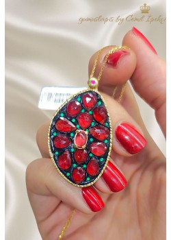 Lal ve Zümrüt Taşlı Gümüş Kolye 