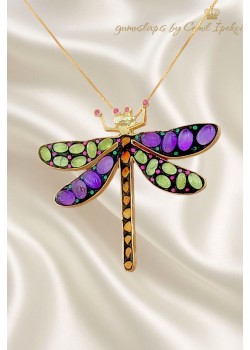 Ametist Peridot Akik ve Yakut Taşlı Yusufçuk Motif Gümüş Kolye Ucu 