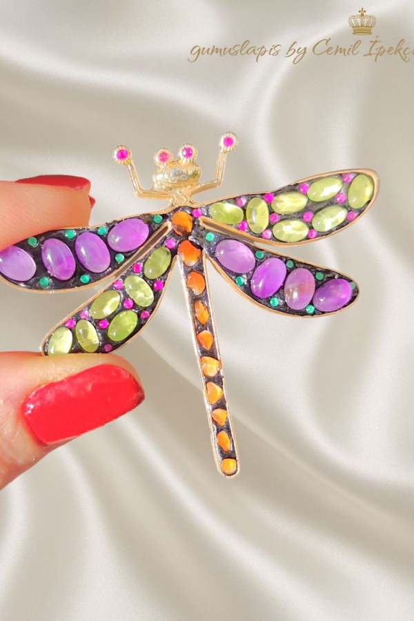 Ametist Peridot Akik ve Yakut Taşlı Yusufçuk Motif Gümüş Kolye Ucu 