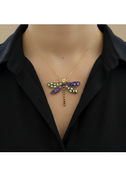 Ametist Peridot Akik ve Yakut Taşlı Yusufçuk Motif Gümüş Kolye Ucu 