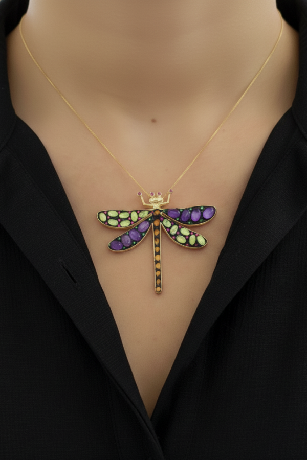 Ametist Peridot Akik ve Yakut Taşlı Yusufçuk Motif Gümüş Kolye Ucu 