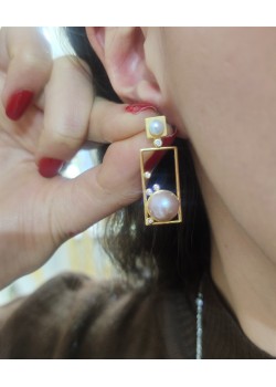 İncili Dikdörtgen Motif Gümüş Küpe Çifti