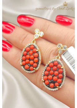 Mercan Taşlı Gümüş Küpe Çifti