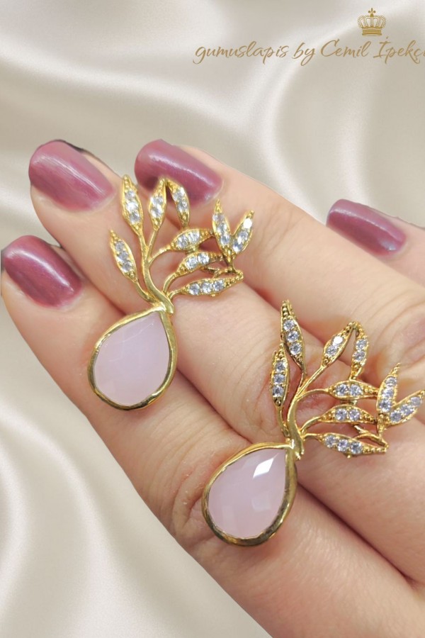 Pembe Kuvars Taşlı Gümüş Küpe Çifti 