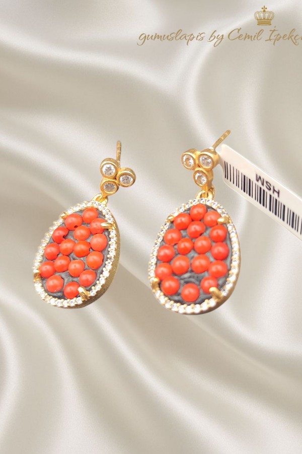 Mercan Taşlı Gümüş Küpe Çifti