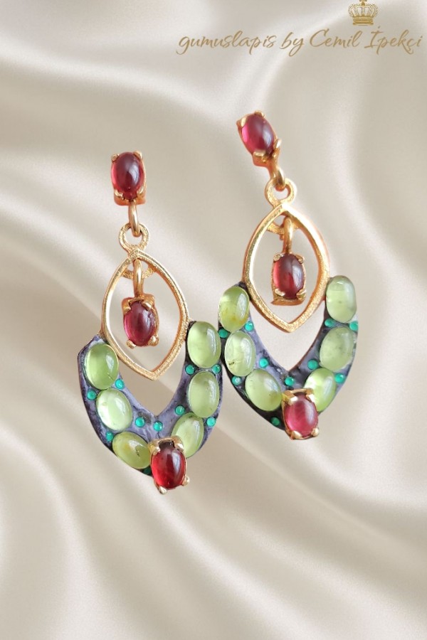 Turmalin Lal ve Zümrüt Taşlı Gümüş Küpe Çifti 