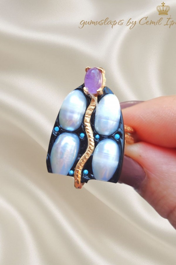 İnci Ametist ve Turkuaz Taşlı Gümüş Yüzük 