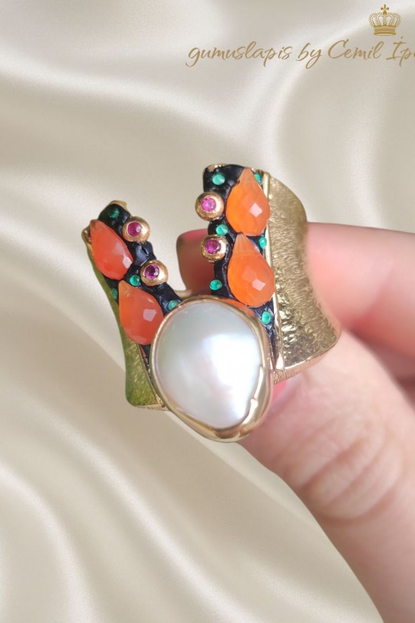 Akik ve İnci Taşlı Gümüş Yüzük 