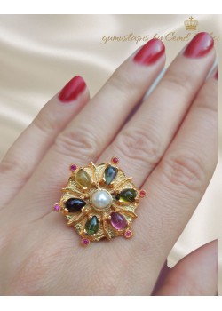 İncili Çiçek Motif Gümüş Yüzük 