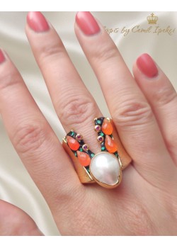 Akik ve İnci Taşlı Gümüş Yüzük 