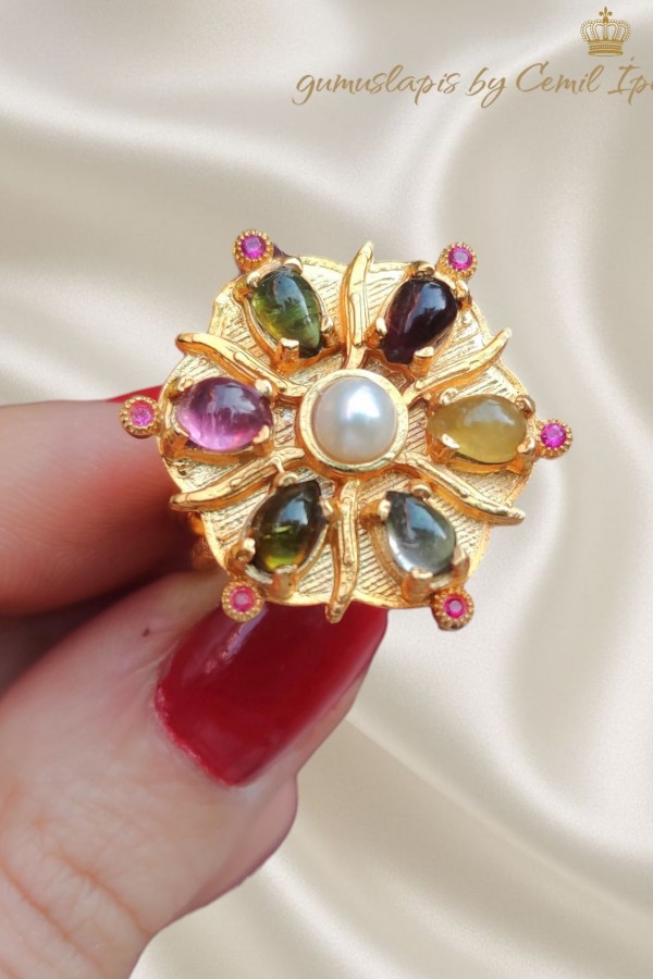 İncili Çiçek Motif Gümüş Yüzük 