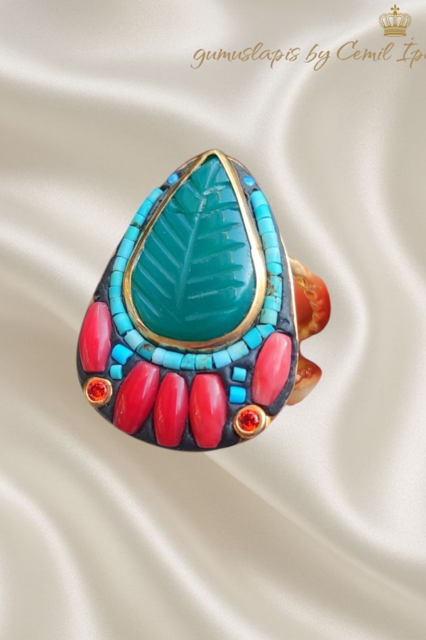 Mercan Turkuaz ve Zümrüt Taşlı Yaprak Motif Gümüş Yüzük 