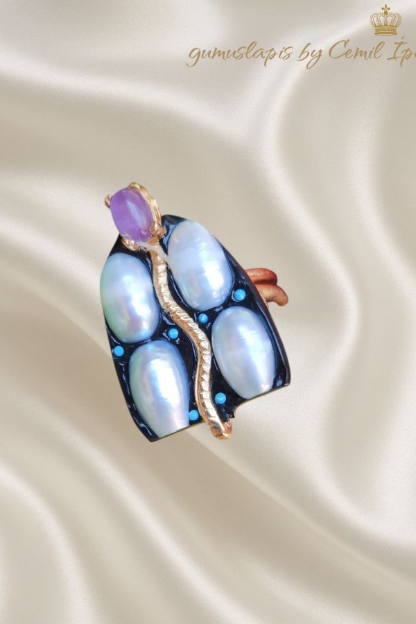 İnci Ametist ve Turkuaz Taşlı Gümüş Yüzük 