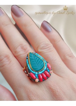 Mercan Turkuaz ve Zümrüt Taşlı Yaprak Motif Gümüş Yüzük 