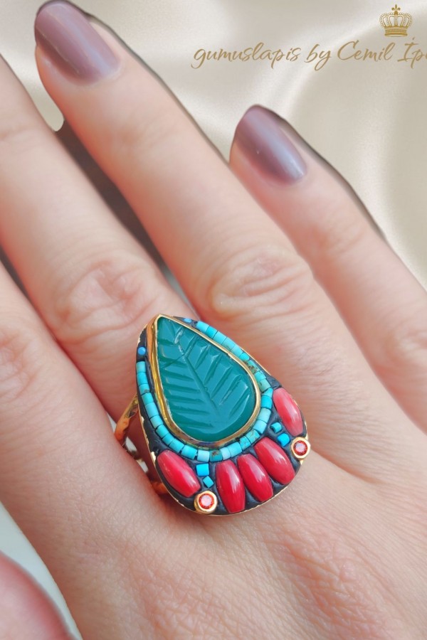 Mercan Turkuaz ve Zümrüt Taşlı Yaprak Motif Gümüş Yüzük 