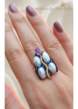 İnci Ametist ve Turkuaz Taşlı Gümüş Yüzük 