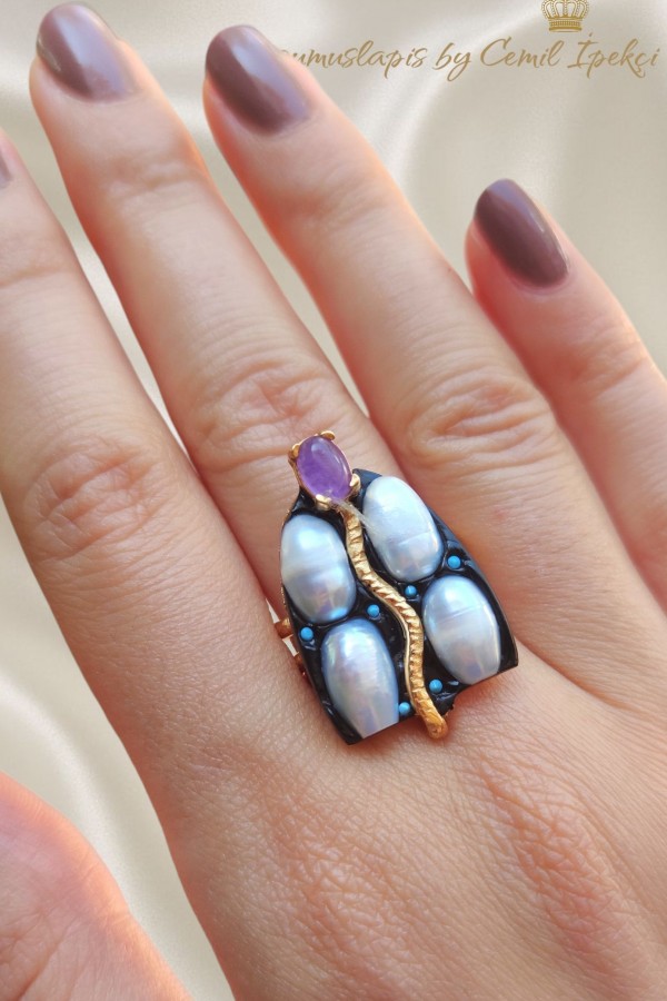 İnci Ametist ve Turkuaz Taşlı Gümüş Yüzük 