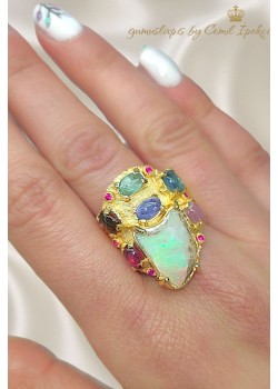 Turmalin ve Opal Taşlı Gümüş Yüzük 