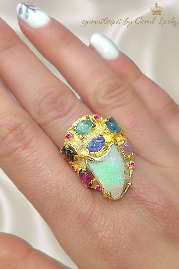 Turmalin ve Opal Taşlı Gümüş Yüzük 