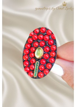 Mercan Zümrüt ve Limon Kuvars Taşlı Gümüş Yüzük