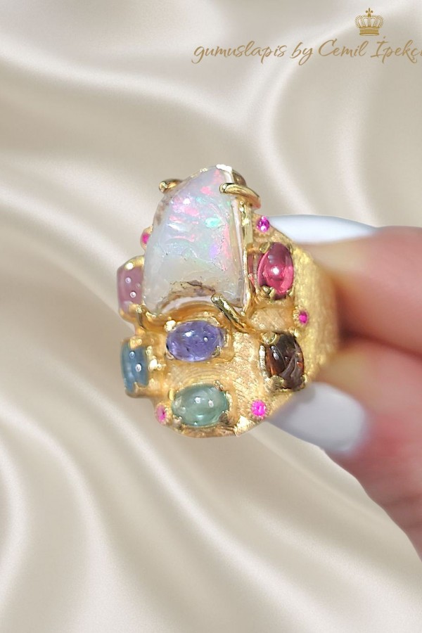 Turmalin ve Opal Taşlı Gümüş Yüzük 