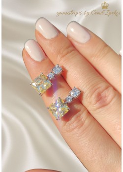 Sarı Taşlı Kare Motif Gümüş Deep Küpe Çifti 