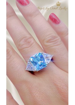 Lab Mavi Topaz Taşlı Kare Motif Gümüş Deep Yüzük