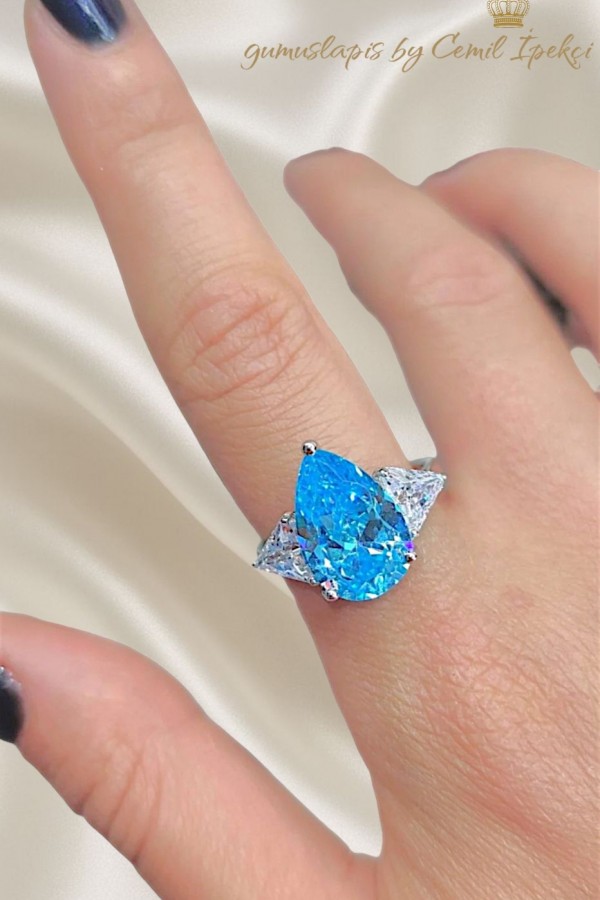 Lab Mavi Topaz Taşlı Damla Motif Gümüş Deep Yüzük