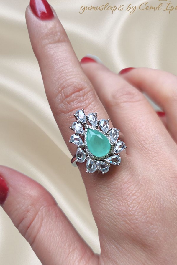 Ortası Yosun Agat Taşlı Gümüş Deep Yüzük