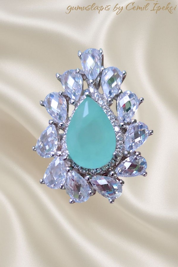 Ortası Yosun Agat Taşlı Gümüş Deep Yüzük