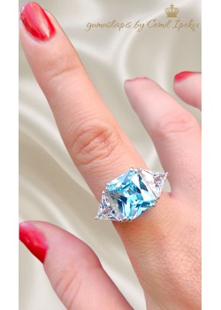 Lab Mavi Topaz Taşlı Kare Motif Gümüş Deep Yüzük