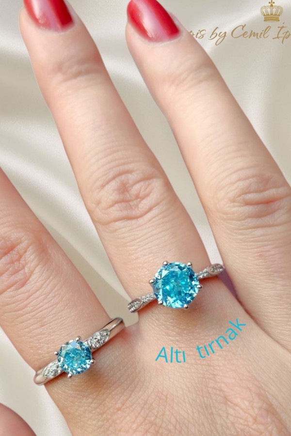 Lab Mavi Topaz Taşlı Altı Tırnak Gümüş Deep Yüzük