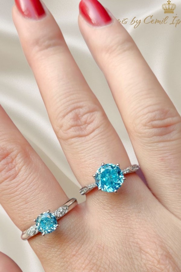 Lab Mavi Topaz Taşlı Altı Tırnak Gümüş Deep Yüzük