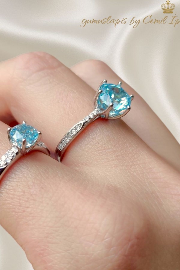 Lab Mavi Topaz Taşlı Altı Tırnak Gümüş Deep Yüzük