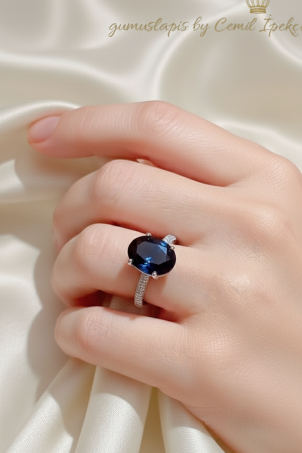 Lacivert Taşlı Gümüş Deep Yüzük