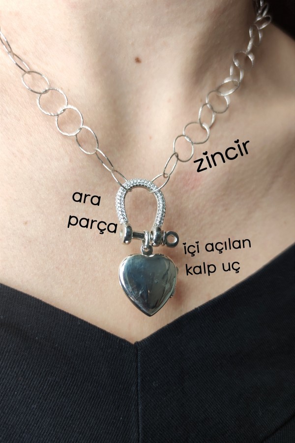 Kalp Motif Uzun Gümüş Kolye 