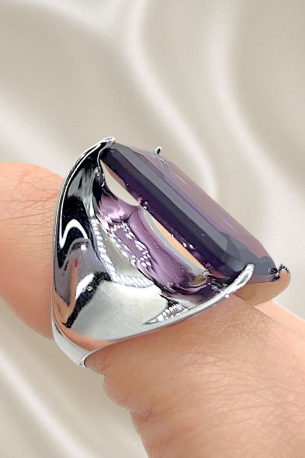 Mor Taşlı Büyük Dikdörtgen Motif Gümüş Yüzük 