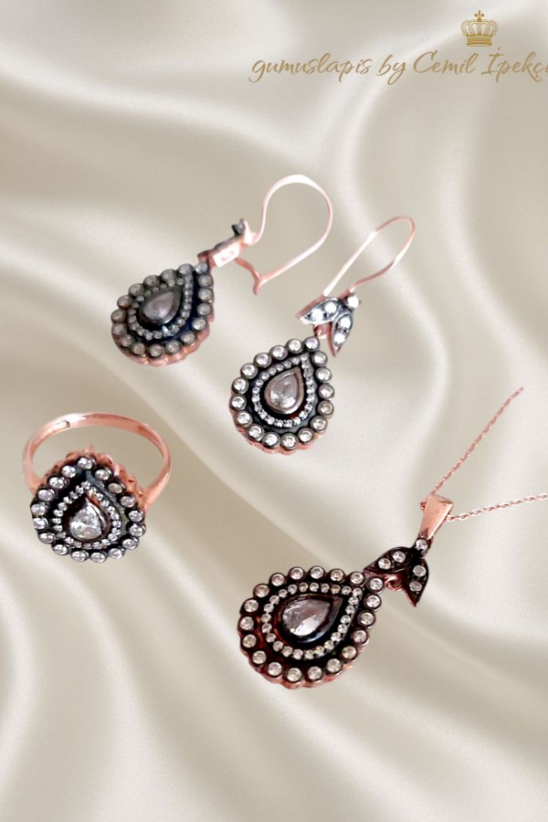 Elmas Kesim Büyük Damla Motif Gümüş Set
