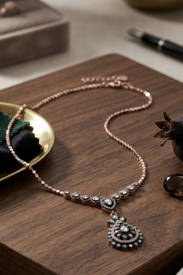 Elmas Kesim Damla Motif Gümüş Kolye