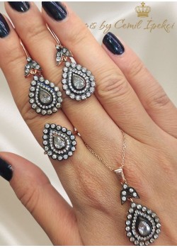 Elmas Kesim Büyük Damla Motif Gümüş Set