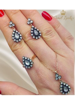 Elmas Kesim Küçük Damla Motif Gümüş Set